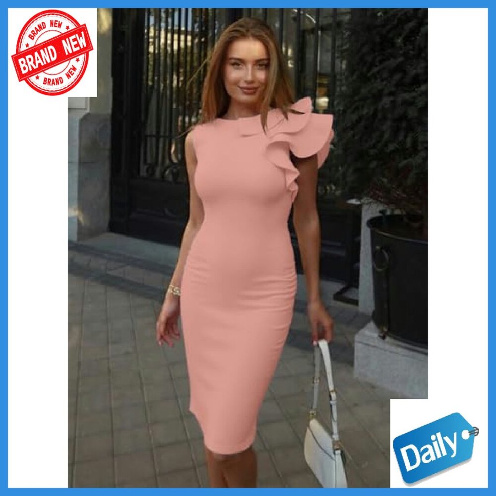Elegant Formal Bodycon Ruffle Sleeveless Midi Cocktail Party Dress - Picture 7 of 7